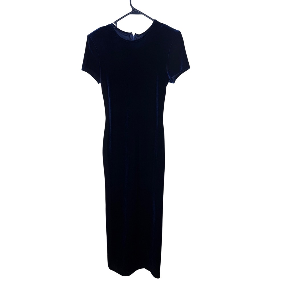 Vintage Nadine Navy Blue Velvet Maxi Dress Short Sleeve 90s Gown USA Made Size P
